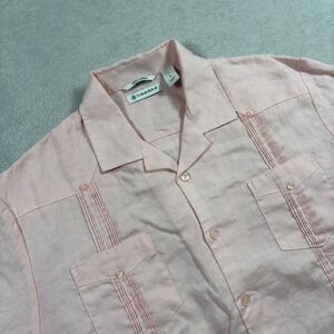 Cubavera Guayabera Shirt Mens L Pink Linen Pintuck Pleats Camp Collar Button Up